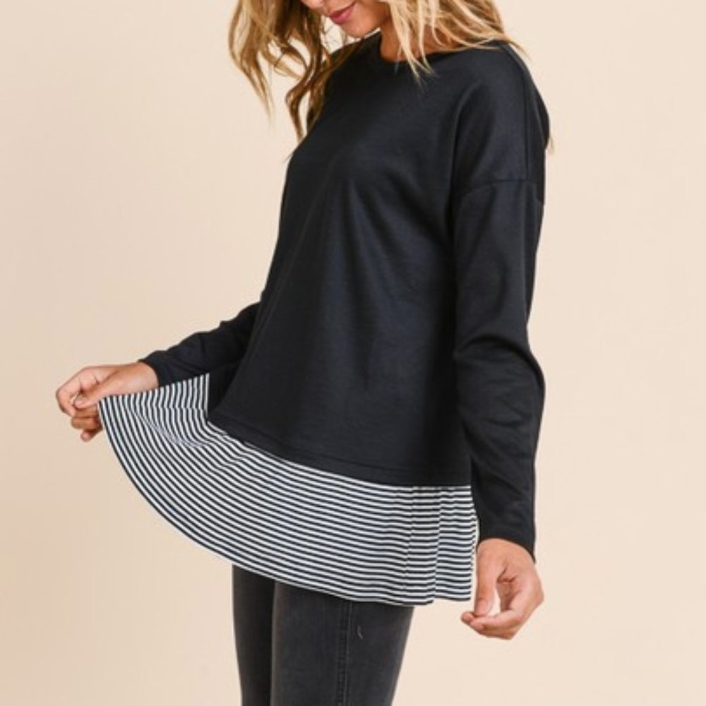 Black Long Sleeve Top with Striped Bottom - Picture 2 of 4